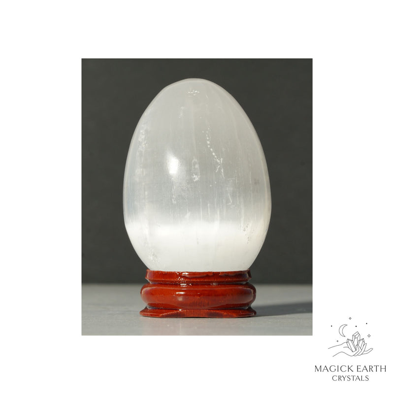 Selenite Crystal Egg On Stand Vertical View B for Angelic Connection