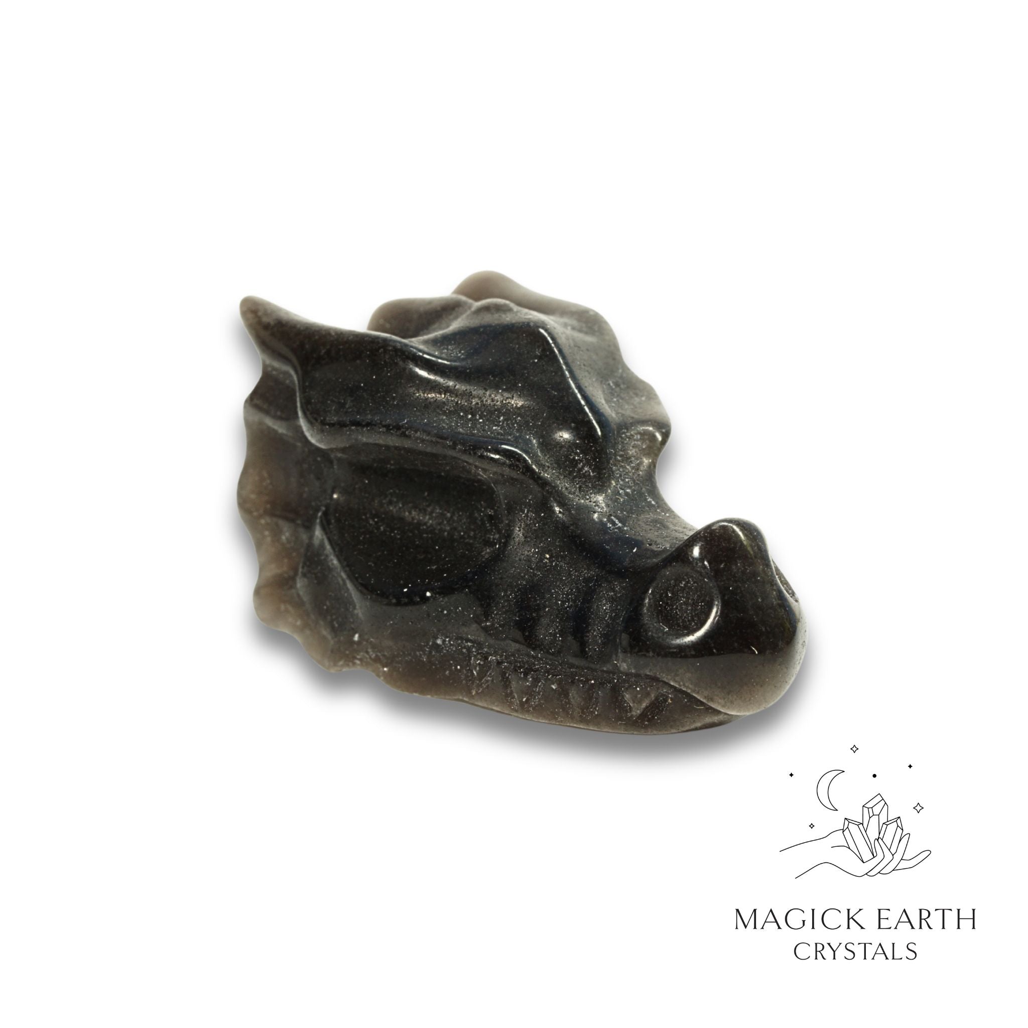  Natural Silver Sheen Obsidian crystal dragon skull view a
