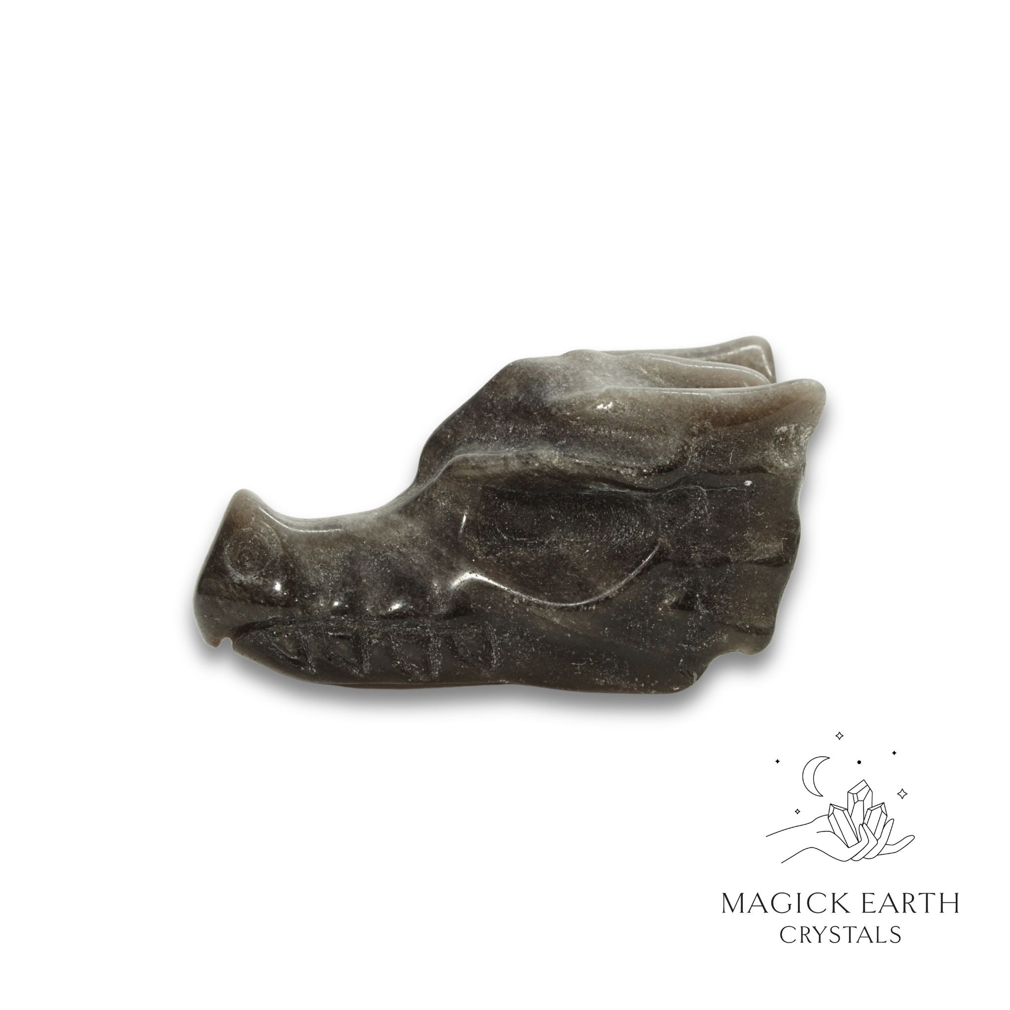  Natural Silver Sheen Obsidian crystal dragon skull view b