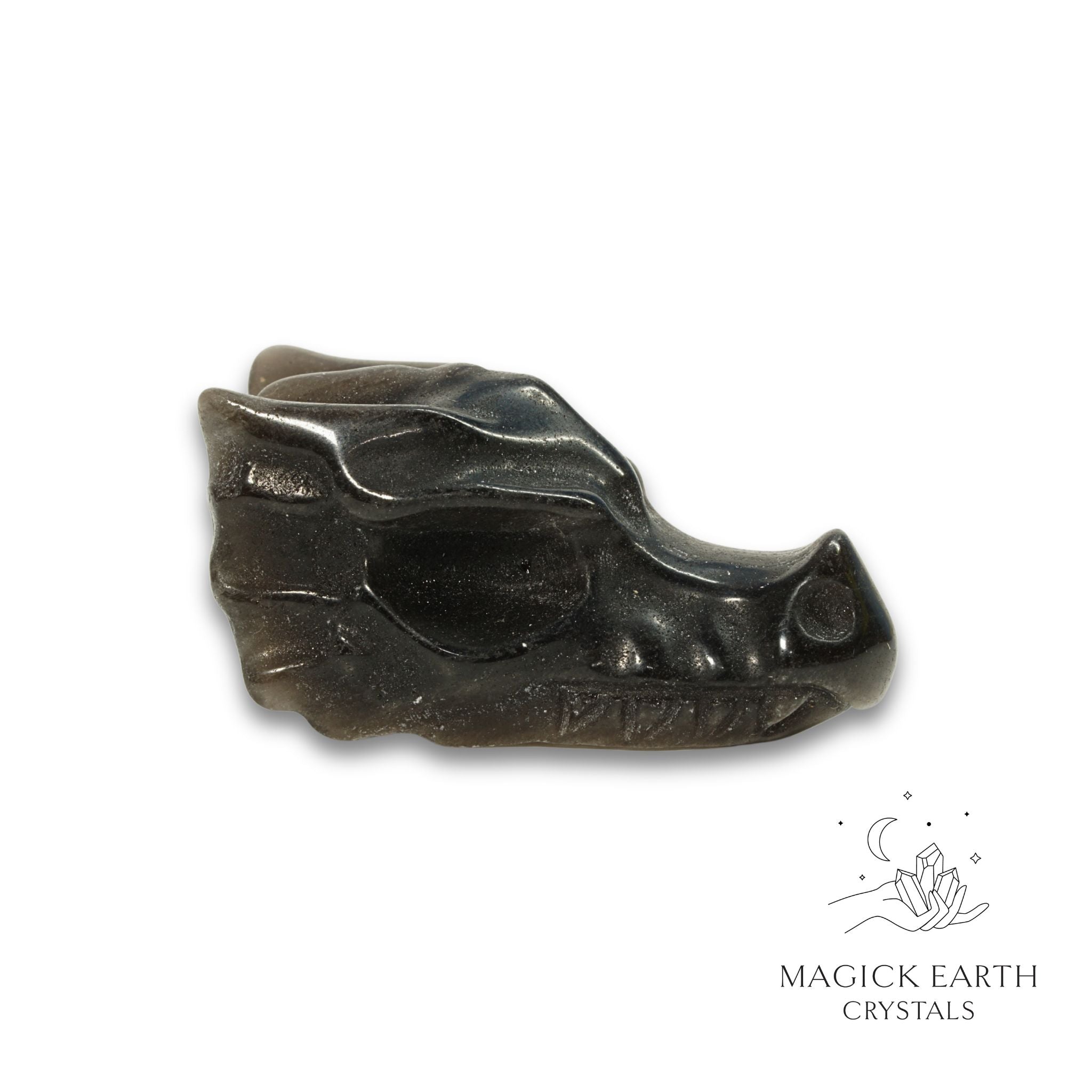  Natural Silver Sheen Obsidian crystal dragon skull view c