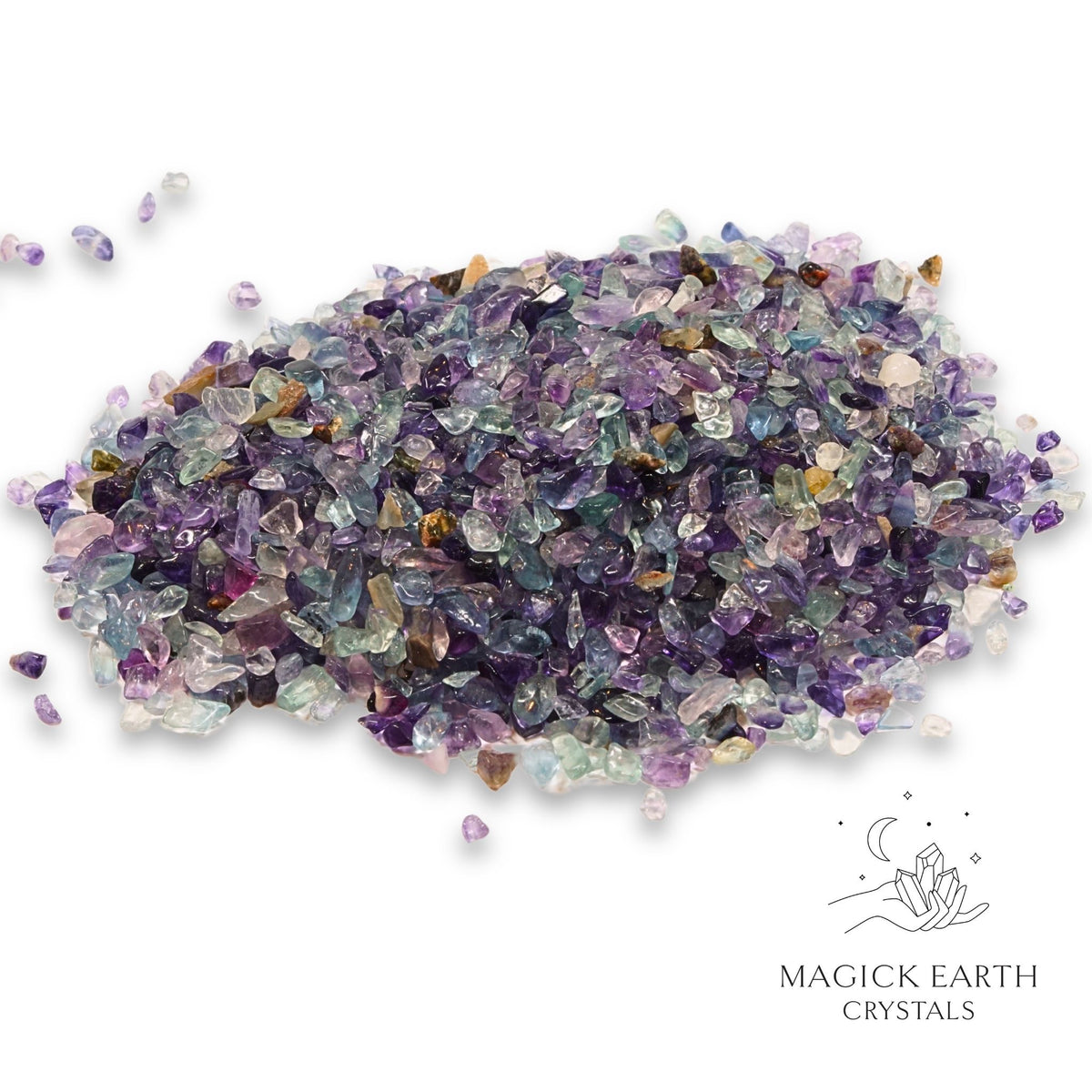 Natural small  Fluorite crystal chips, 100g loose pile. View a