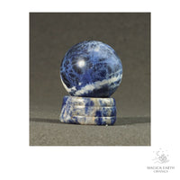 Natural Sodalite crystal sphere with sodalite stand view a