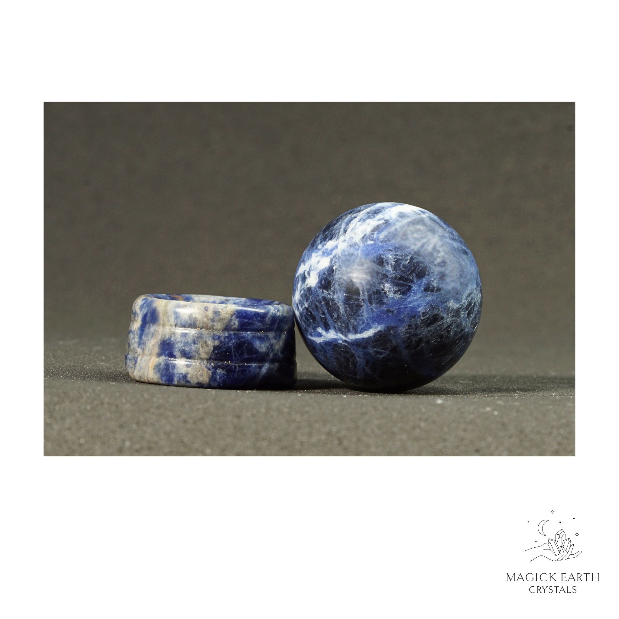 Natural Sodalite crystal sphere with sodalite stand view b