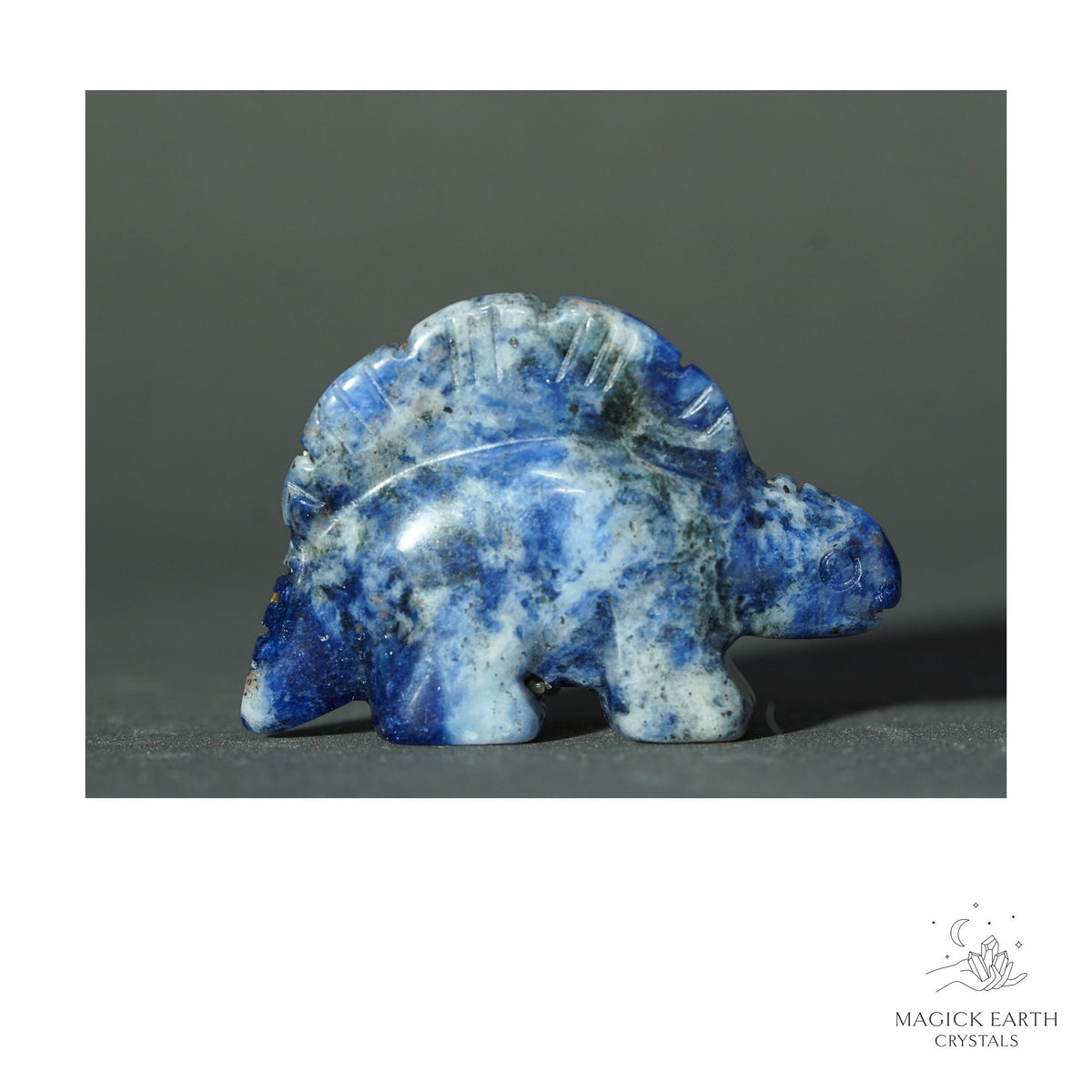 Natural Sodalite crystal stegosaurus figurine view a