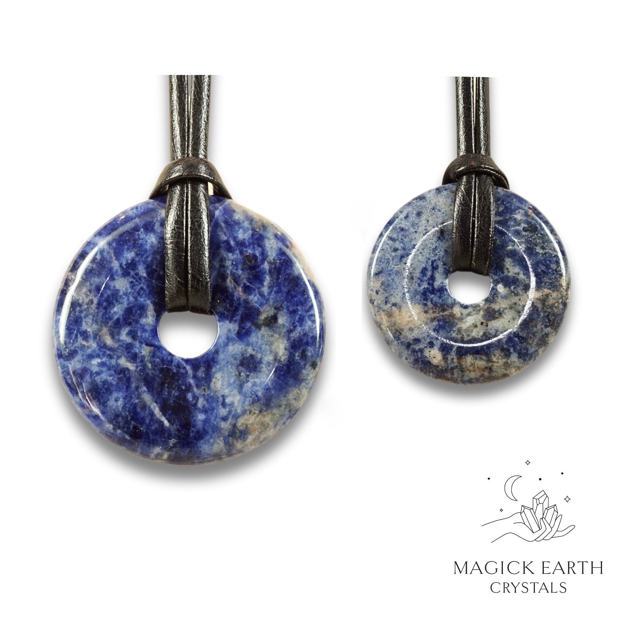 Natural sodalite donut pendants in two sizes hanging from black vegan cords arranged left to right from large to small