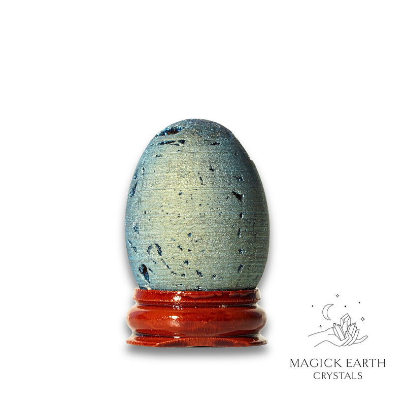 Teal Electroplated Druzy Egg Vertical View B With Stand for Amplified Insight