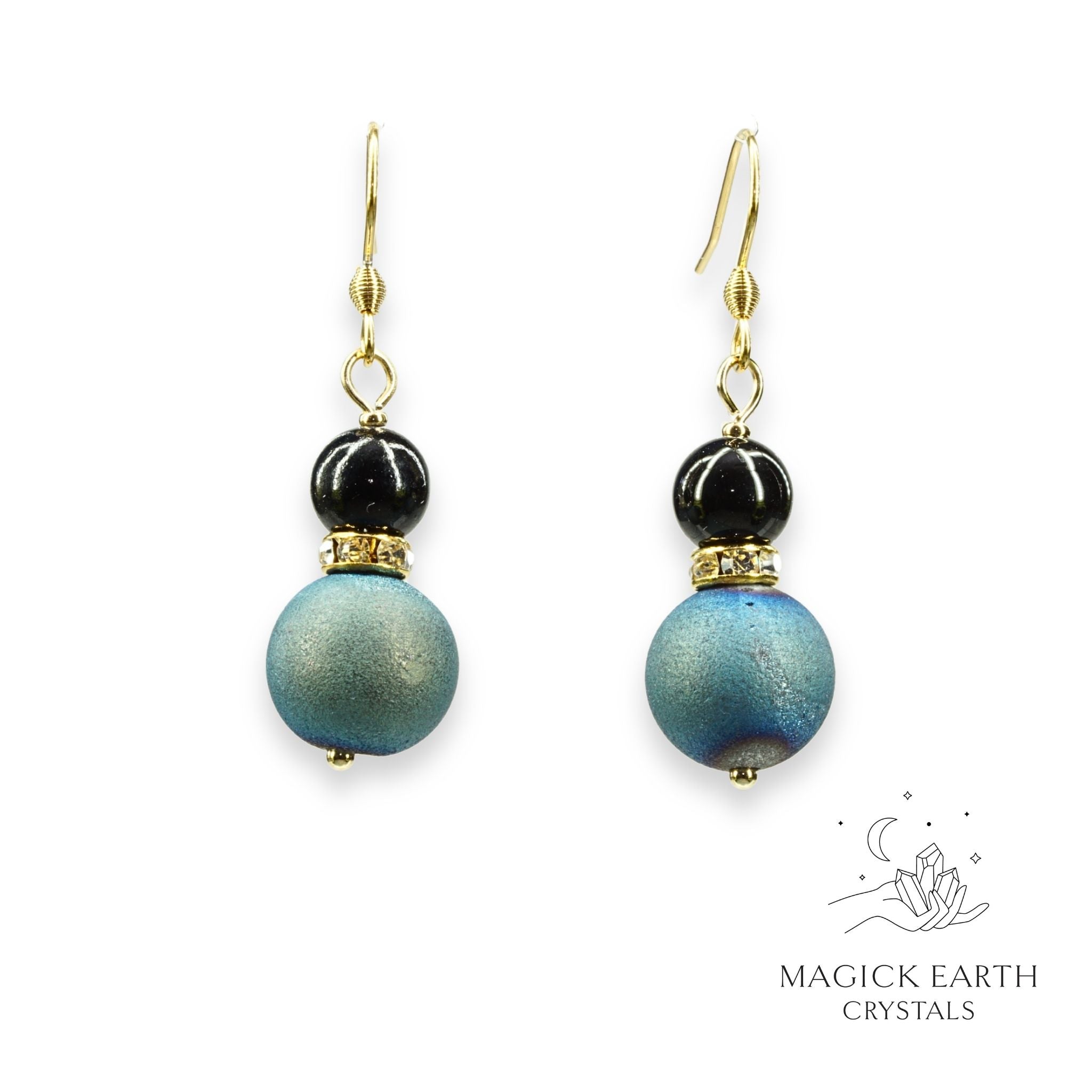 Teal Electroplated Druzy Geode and Obsidian Earrings With Rhinestone Spacers Gold Finish