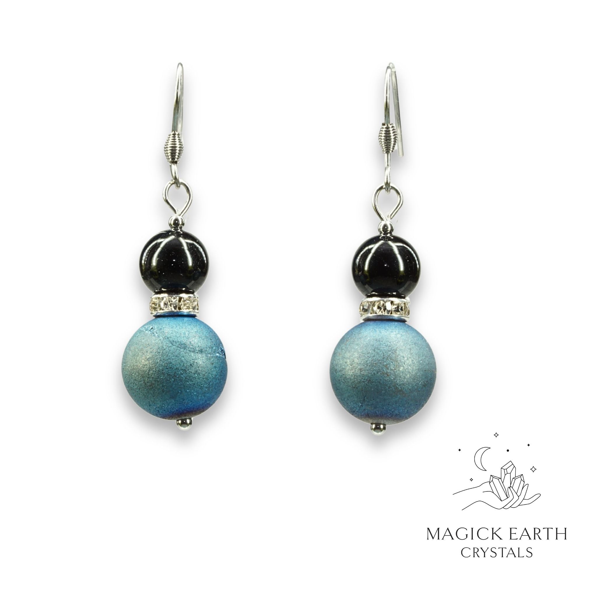 Teal Electroplated Druzy Geode and Obsidian Earrings With Rhinestone Spacers Platinum Finish