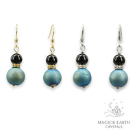 Teal Electroplated Druzy Geode and Obsidian Earrings With Rhinestone Spacers in Gold or Platinum Finish