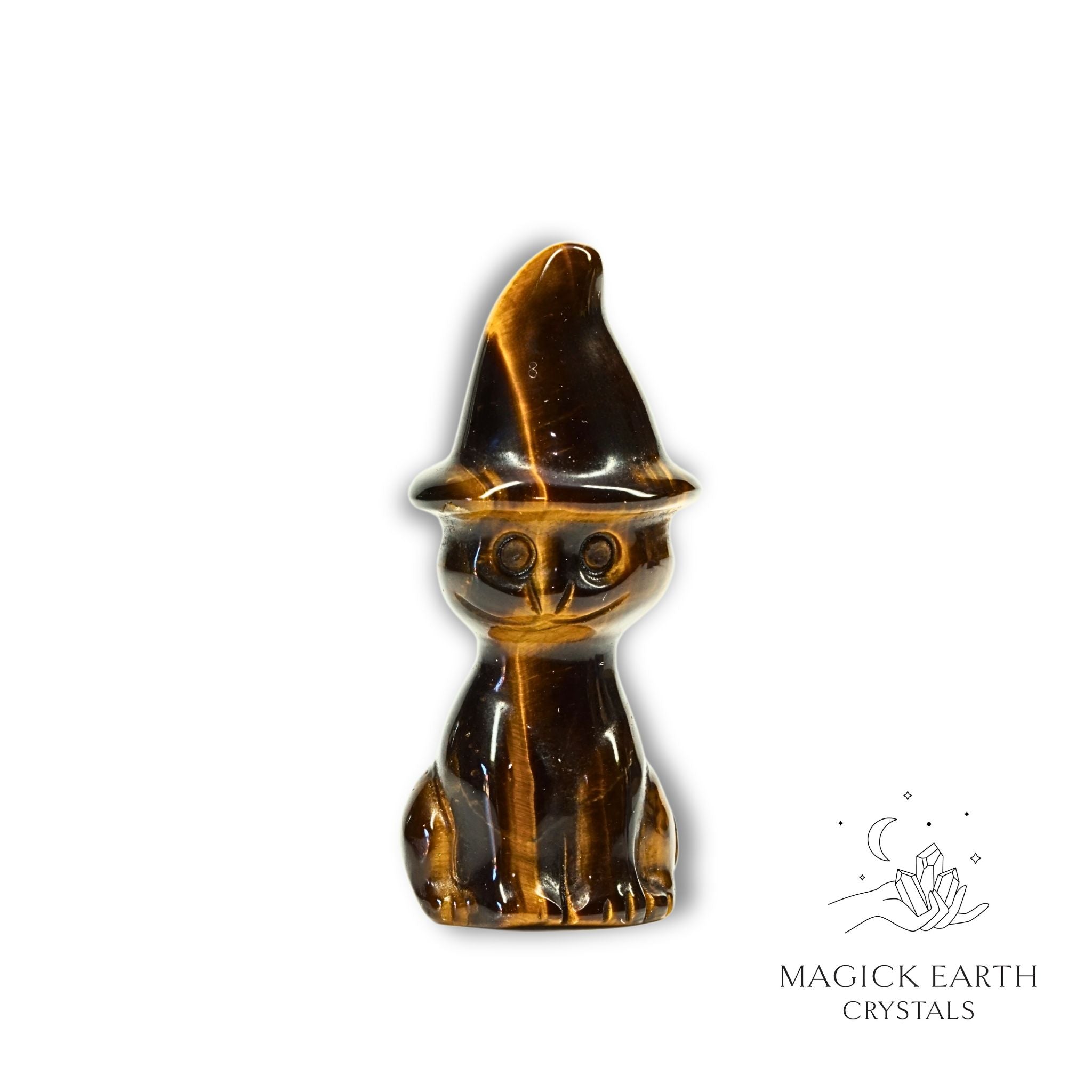 Natural Tiger Eye crystal cat figurine with witch hat