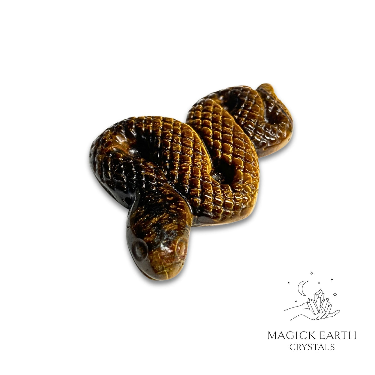 Natural Tiger Eye Crystal extended snake figurine, front view 