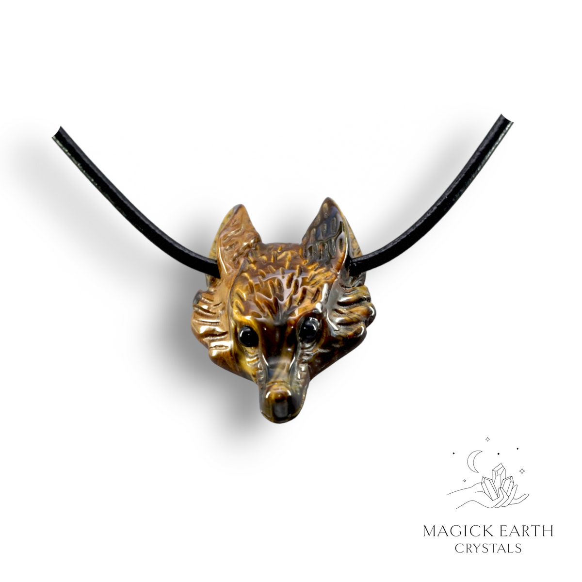 Natural Tiger Eye crystal fox pendant with an adjustable black leather cord
