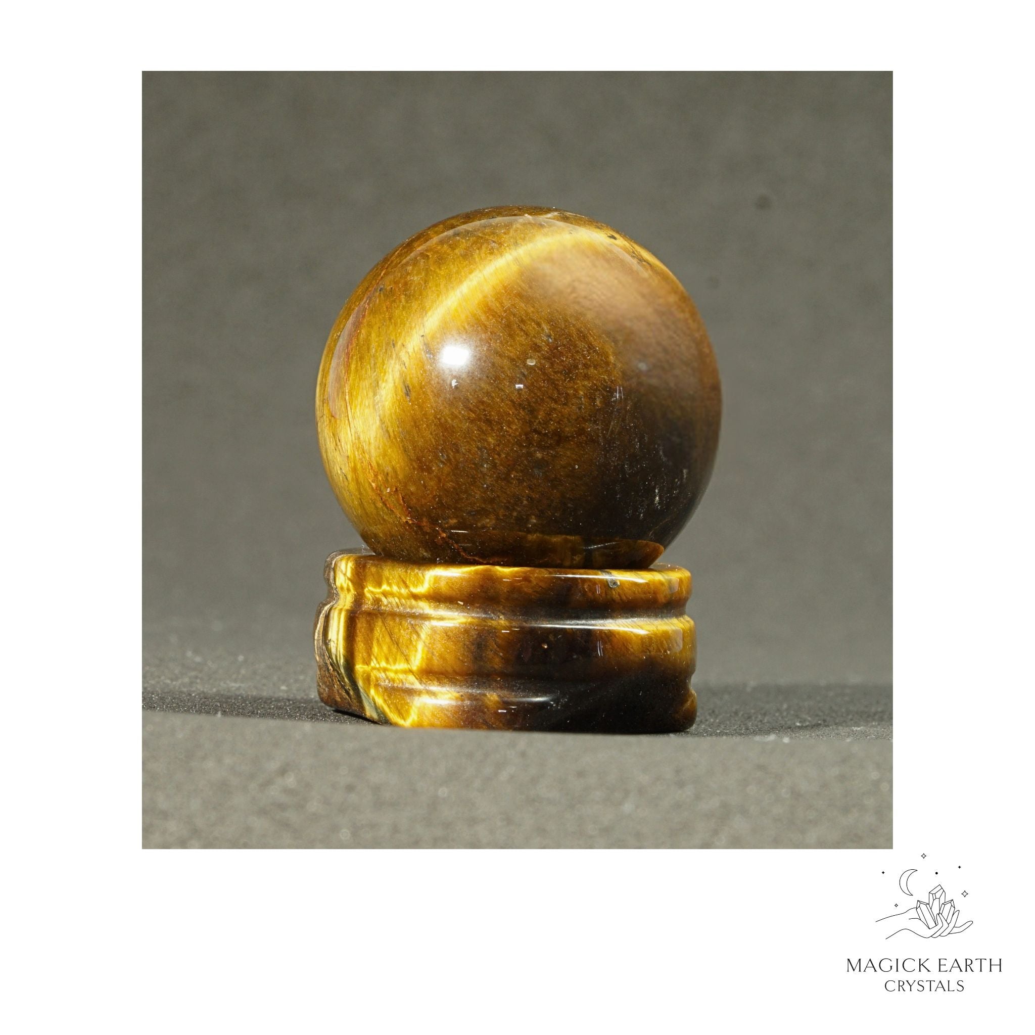 Natural Tiger Eye crystal sphere with Tiger Eye Stand view a