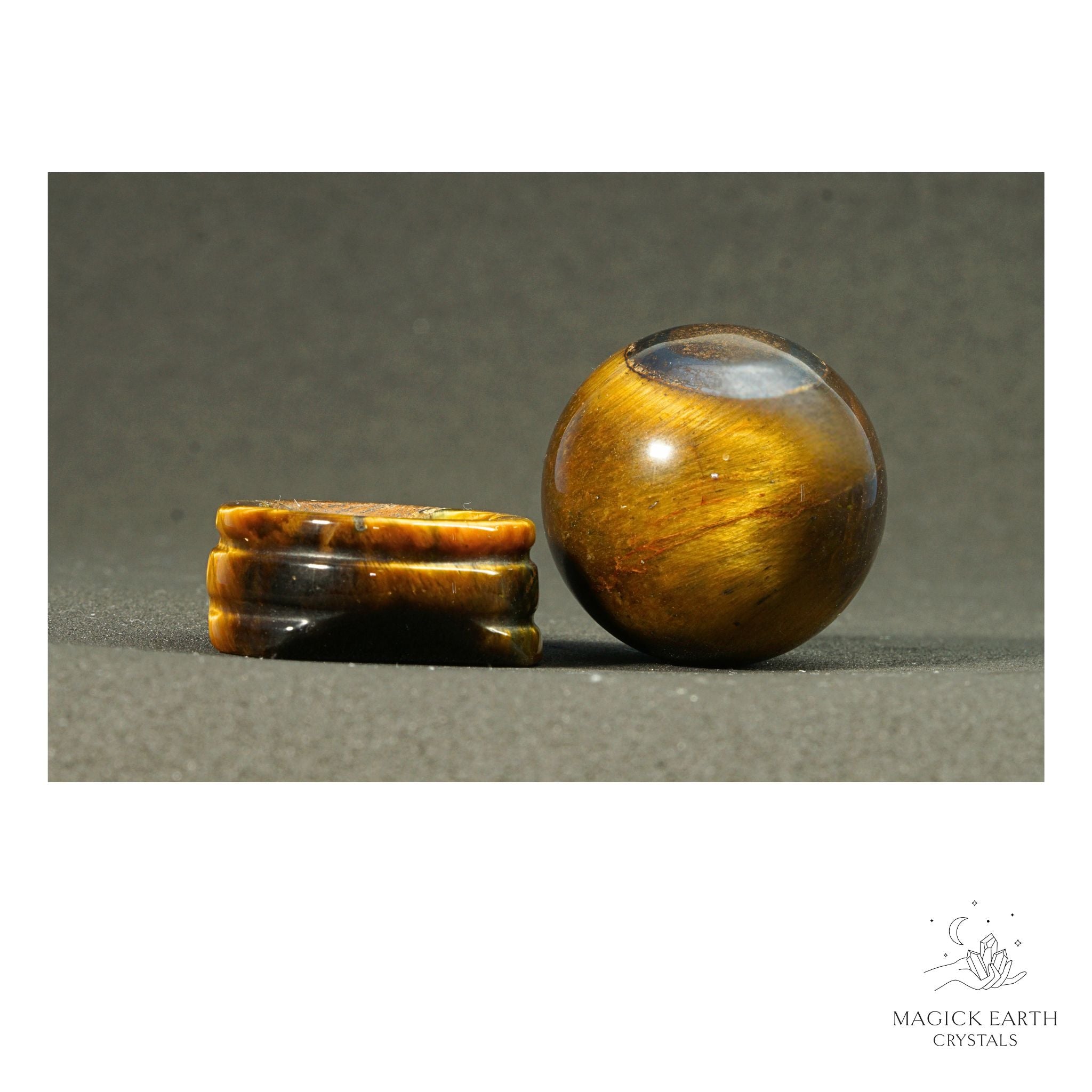 Natural Tiger Eye crystal sphere with Tiger Eye Stand view b