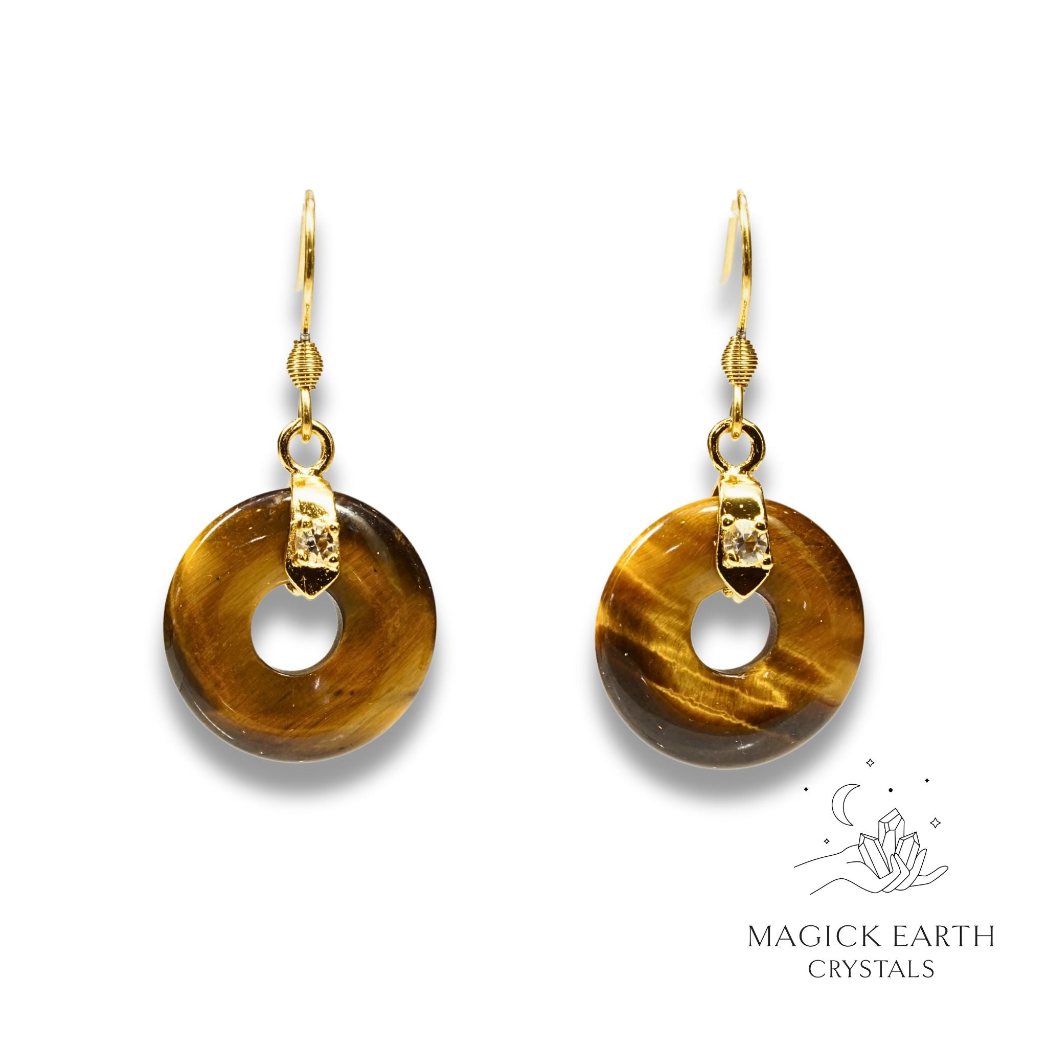 Tiger Eye  Donut / Pi Earrings With Gold Finish For Confident Courage
