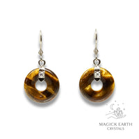 Tiger Eye  Donut / Pi Earrings With Platinum Finish For Confident Courage