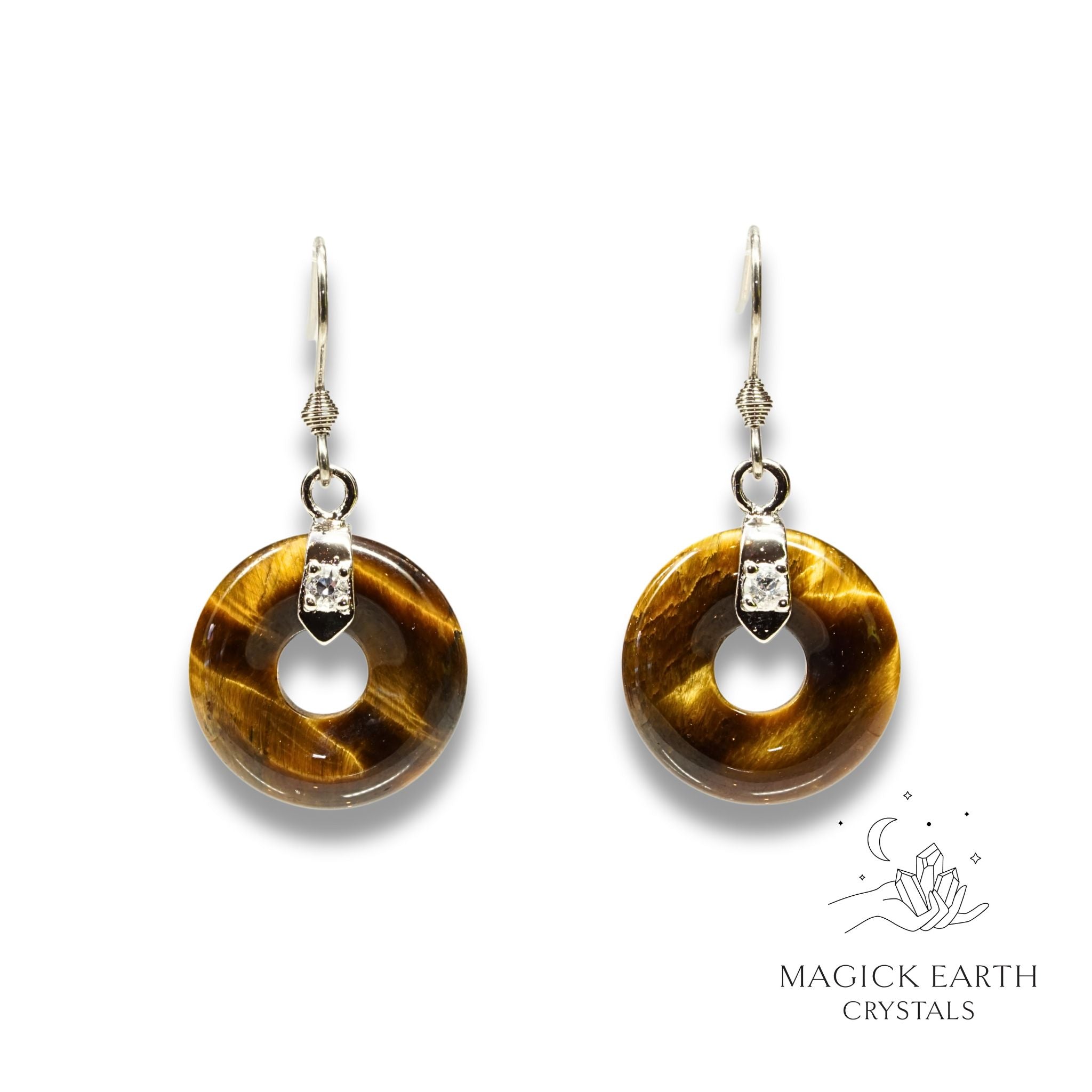 Tiger Eye  Donut / Pi Earrings With Platinum Finish For Confident Courage