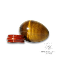 Tiger Eye Crystal Egg with Wooden Stand Horizontal View for Confident Courage