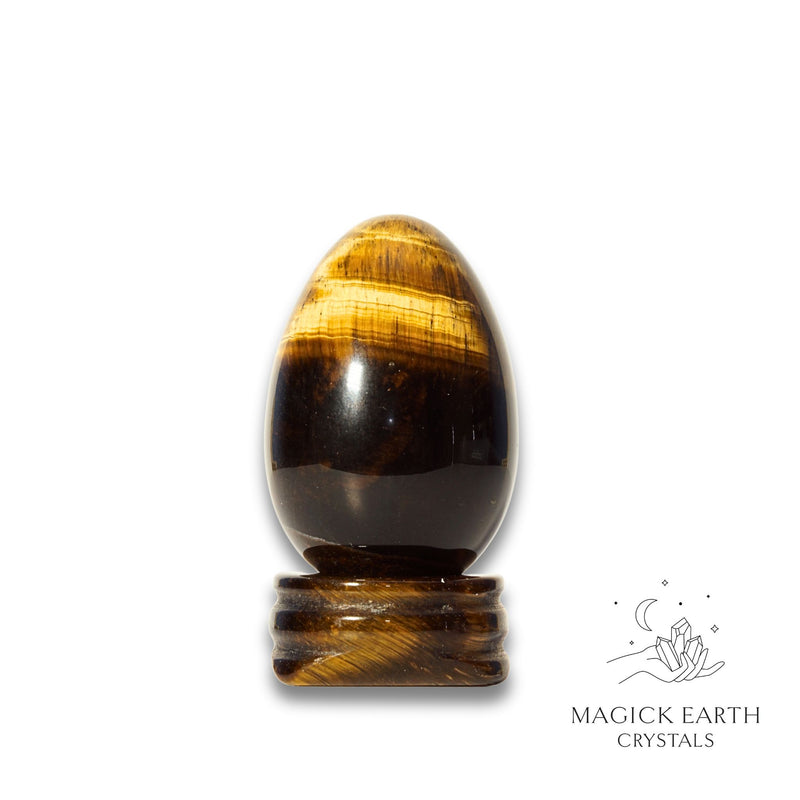 Tiger Eye Crystal Egg on Matching Stand Vertical View A for Confident Courage