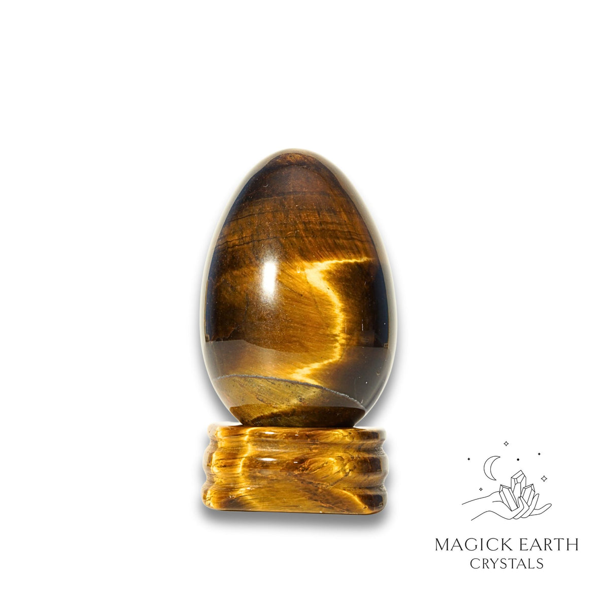 Tiger Eye Crystal Egg on Matching Stand Vertical View B for Confident Courage