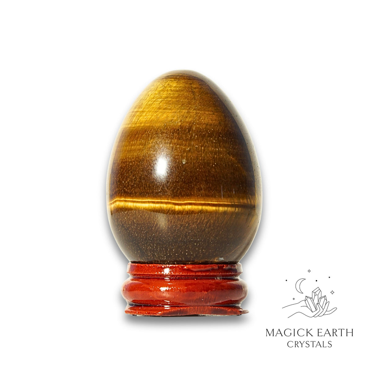 Tiger Eye Crystal Egg with Wooden Stand Vertical View B for Confident Courage