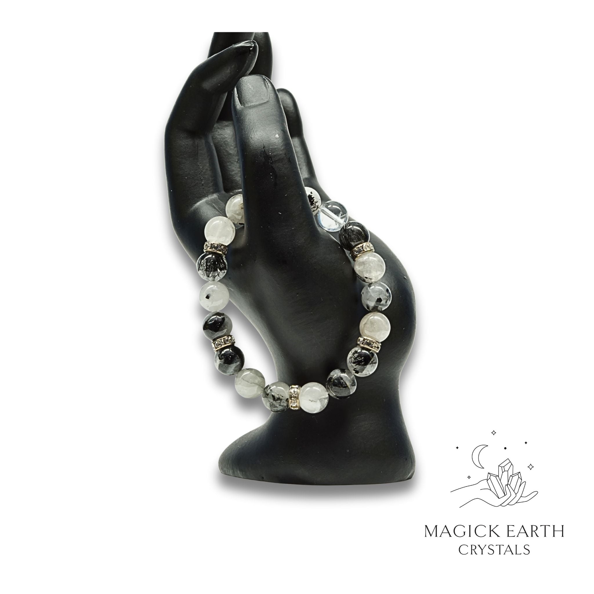 Natural Tourmalinated Quartz 10mm round bead bracelet with rhinestone accents view c