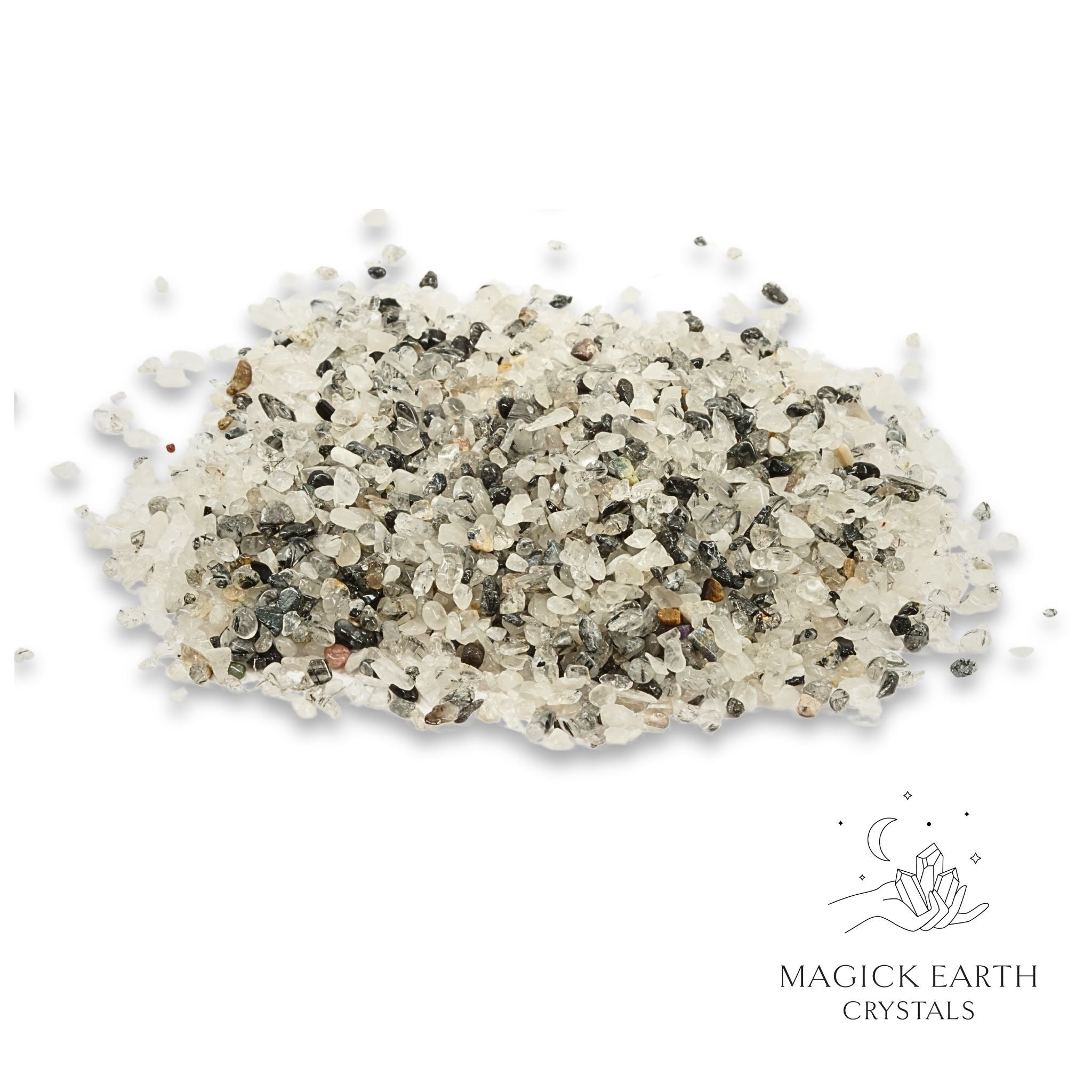 Natural small Tourmalinated Quartz Crystal  Chips, 100g loose pile.  