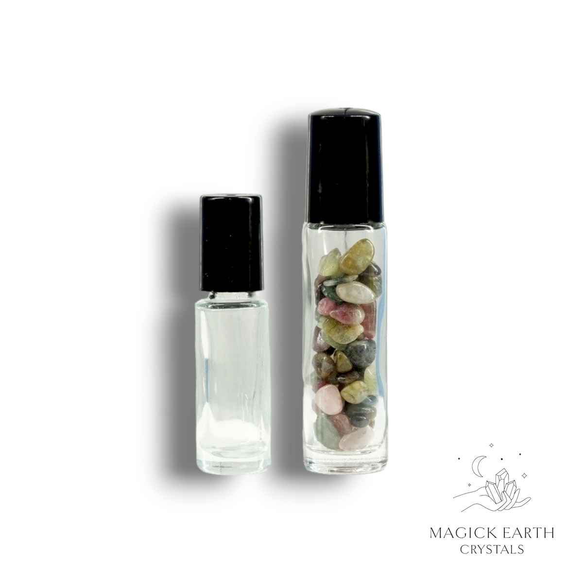 Natural Tourmaline crystal chip roller bottle view a