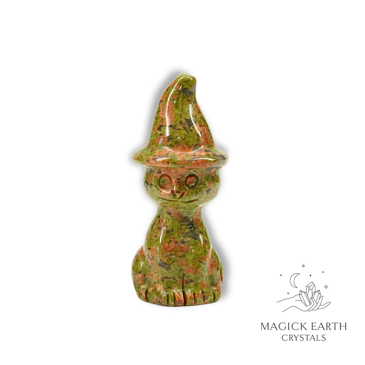 Natural Unakite crystal cat figurine with witch hat