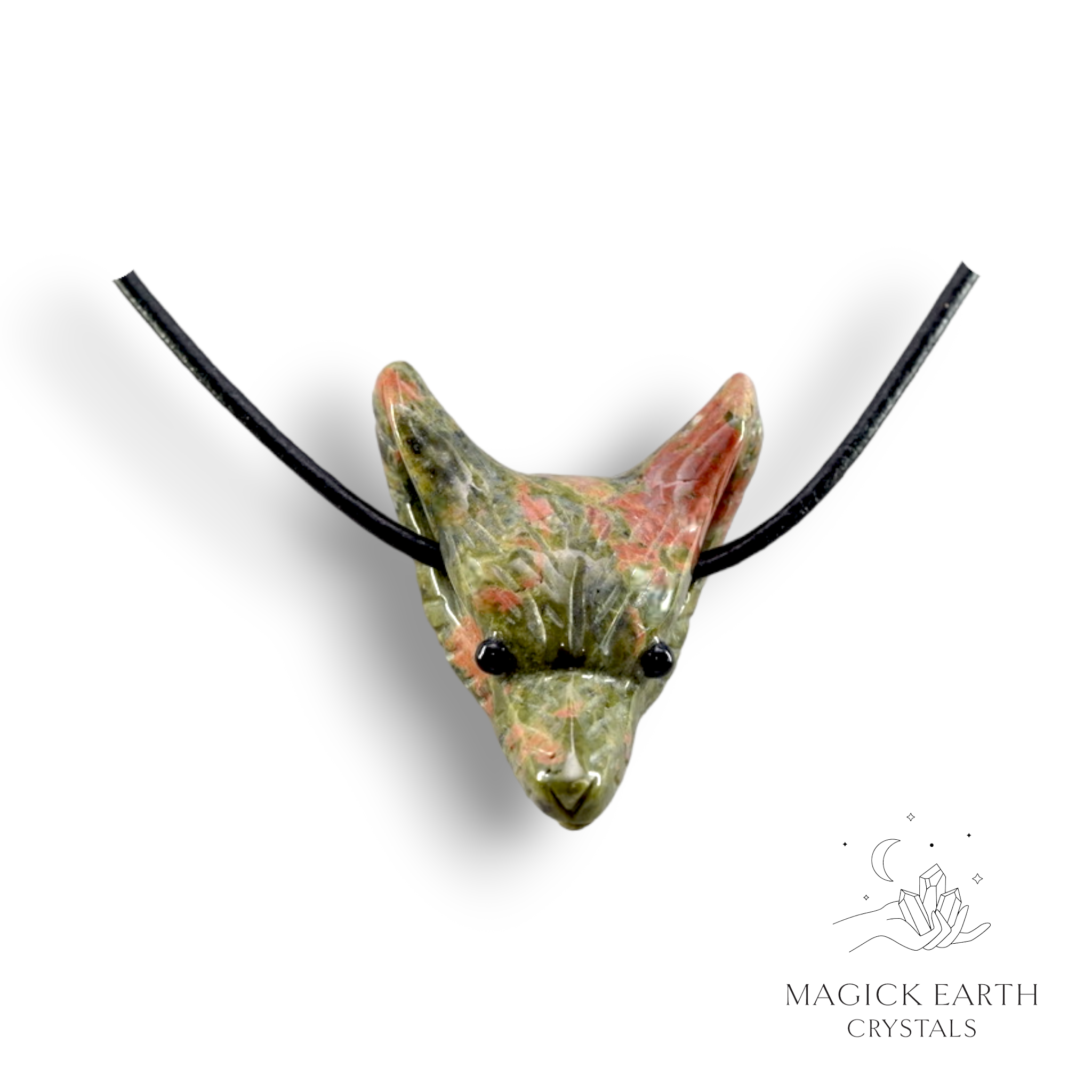 Natural Unakite Crystal Wolf Head Pendant  with an adjustable leather cord