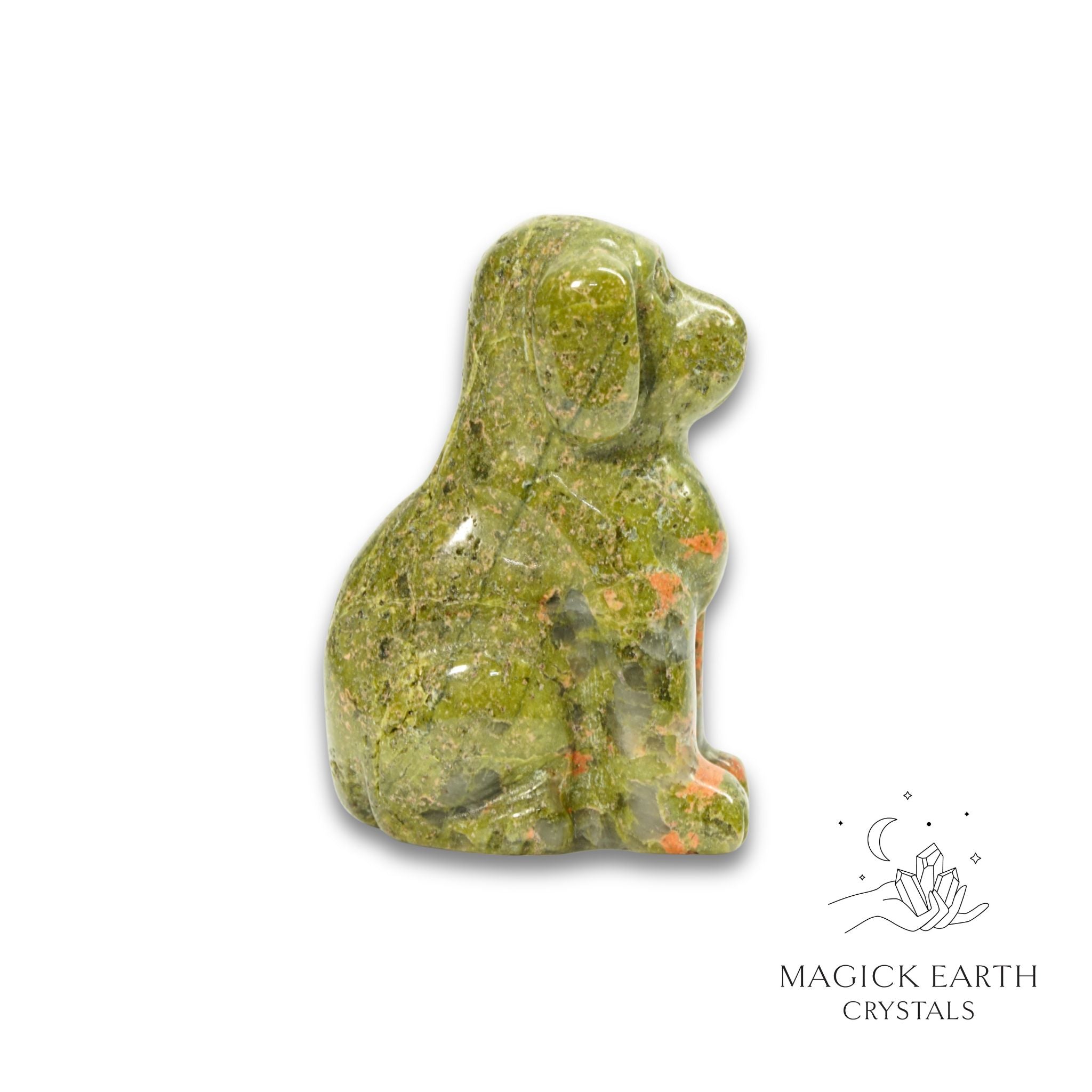 Natural Unakite crystal dog figurine view a