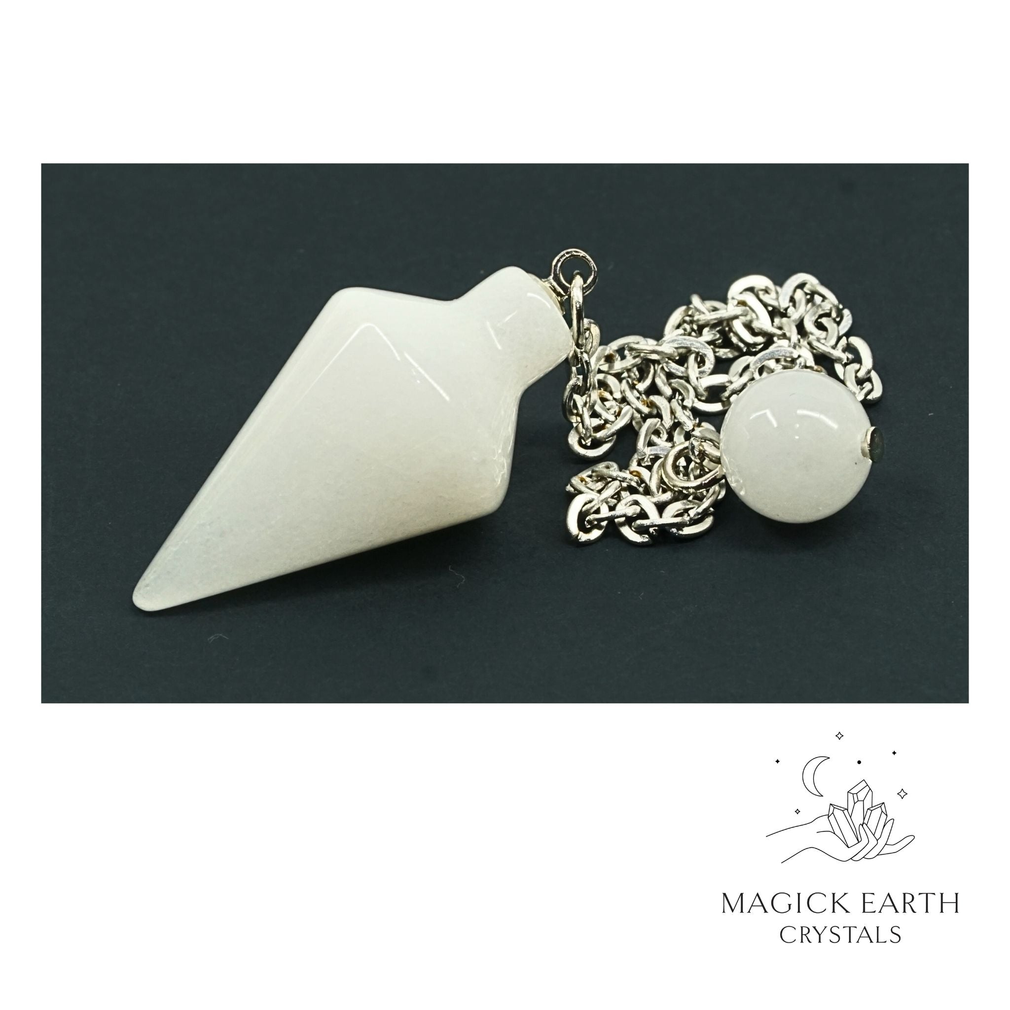 Natural White Jade spire crystal pendulum view a