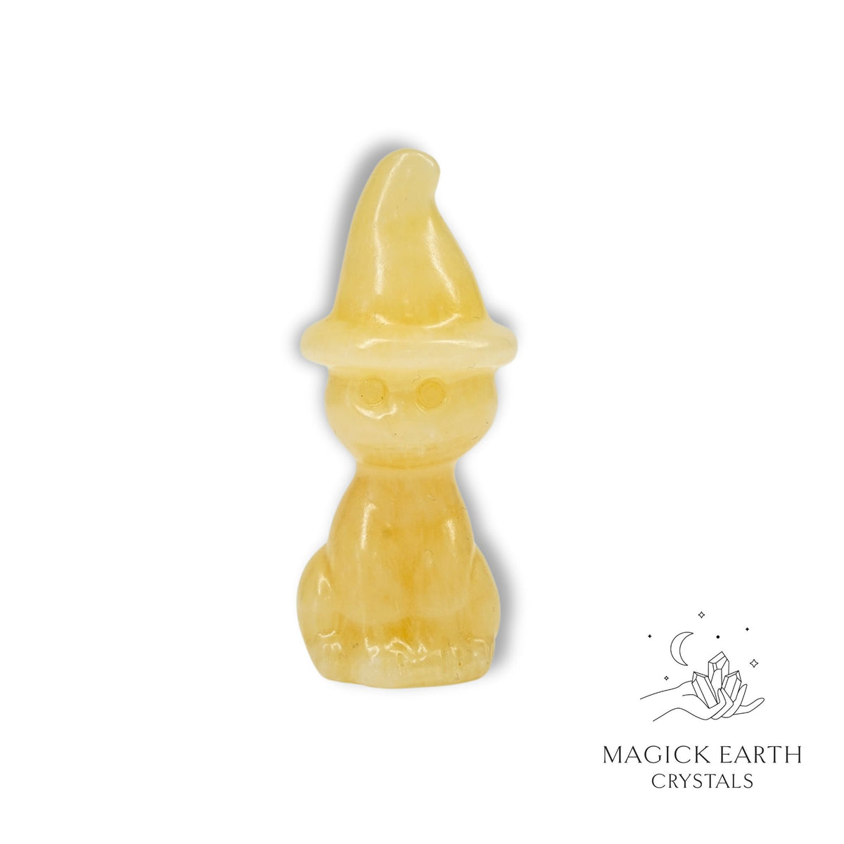 Natural Yellow Jade crystal cat figurine with witch hat
