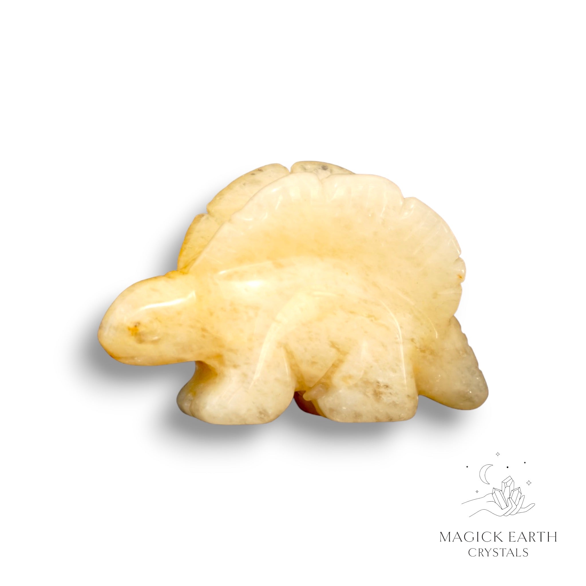 Natural Yellow Jade crystal stegosaurus figurine left  view