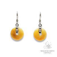Yellow Jade Donut / Pi Earrings With Platinum Finish For Balanced Confidence
