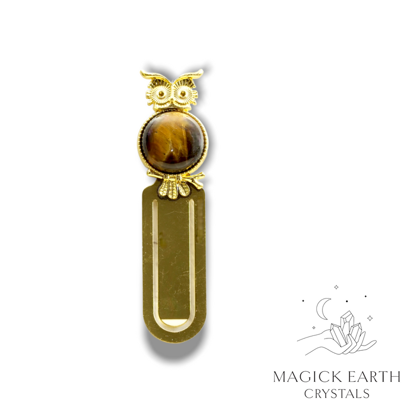 Tiger Eye Bookmark With Crystal Gemstone Cabochon Gold Owl Finish