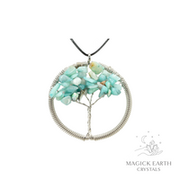 Amazonite chip tree of life pendant with platinum finish