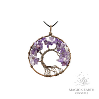 Amethyst crystal chip tree of life pendant with copper finish