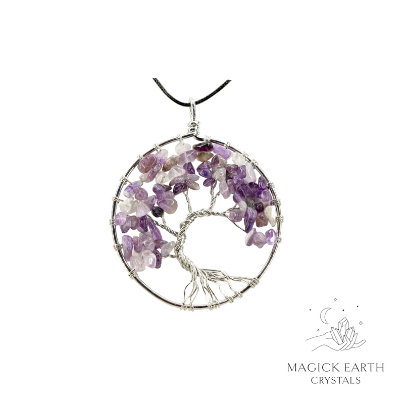 Amethyst crystal chip tree of life pendant with platinum finish