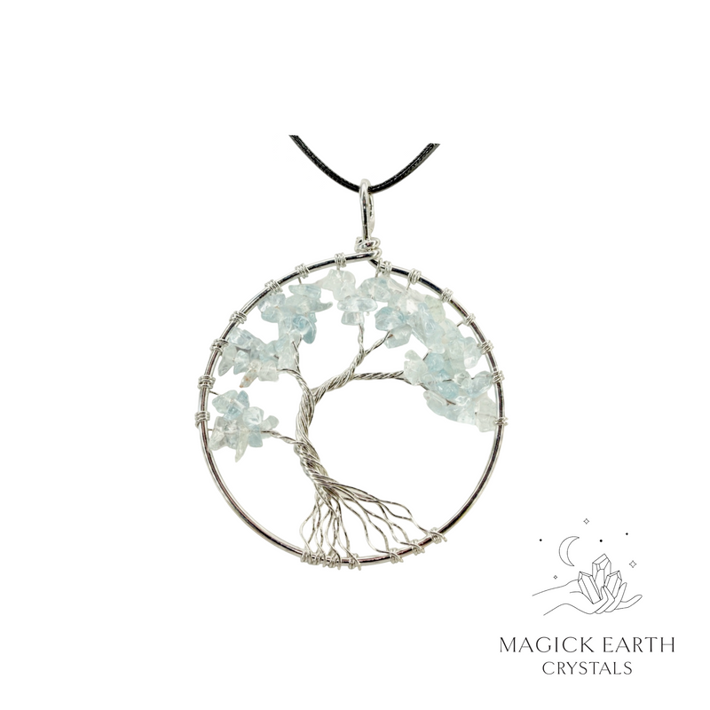 Aquamarine Crystal chip tree of life pendant  with platinum finish