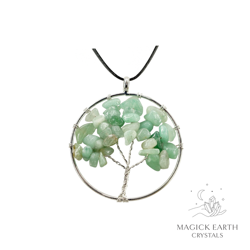 Aventurine crystal chip tree of life pendant with platinum finish