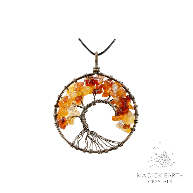 Carnelian crystal chip tree of life pendant with copper finish