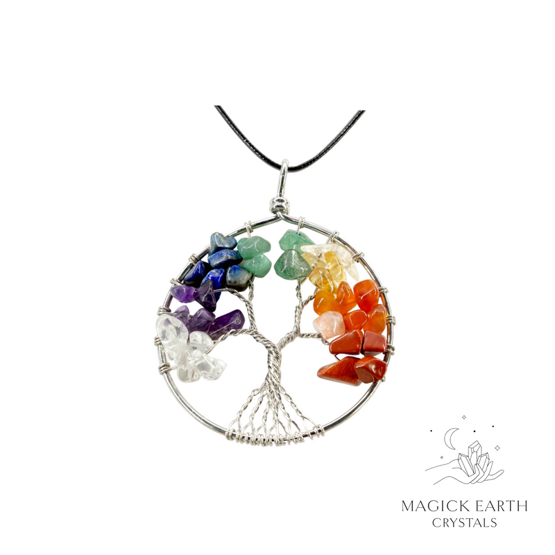 Chakra Mix Crystal chip tree of life pendant with platinum finish