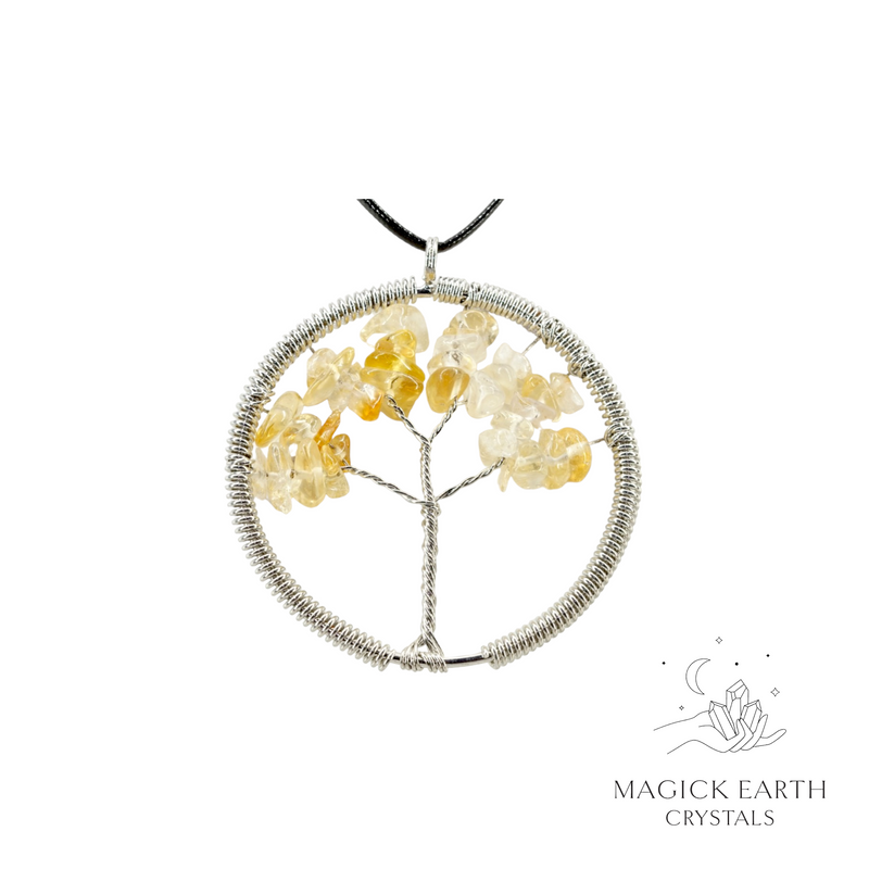 Citrine crystal chip tree of life pendant with platinum finish