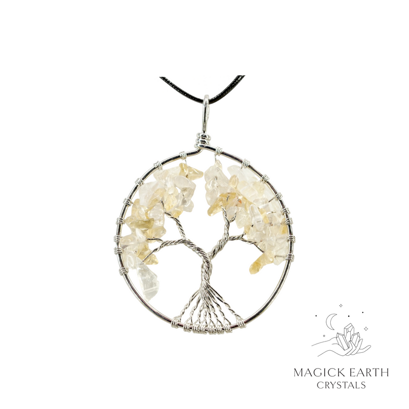 citrine crystal chip tree of life pendant with platinum finish