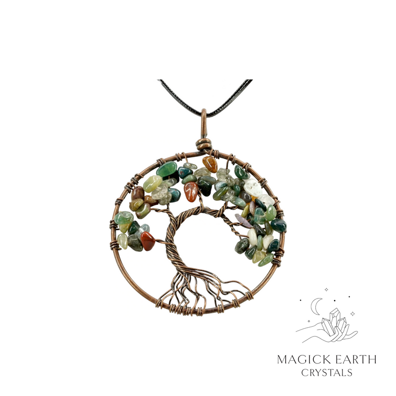 Indian Agate Crystal Chip tree of life pendant with copper finish