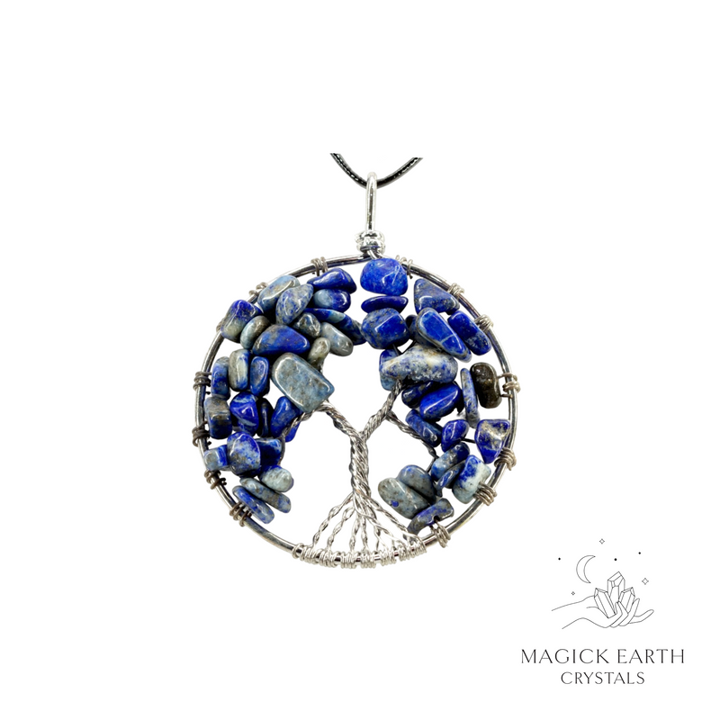 lapis lazuli crystal chip tree of life pendant with platinum finish