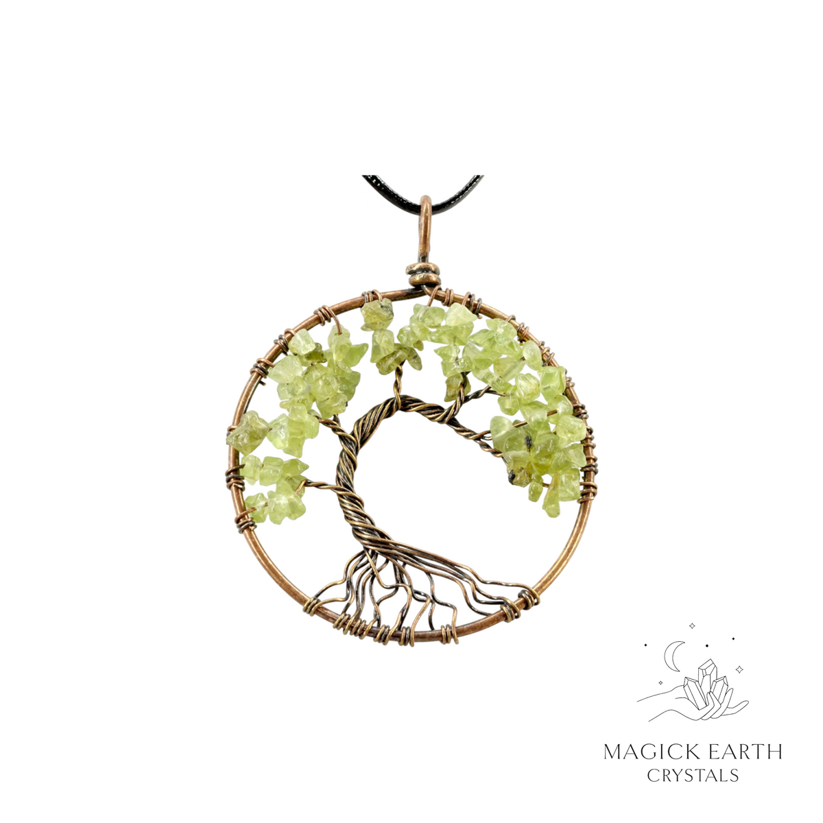 Peridot crystal chip tree of life pendant with copper finish