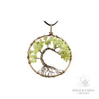 Peridot crystal chip tree of life pendant with copper finish