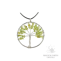 Peridot Crystal chip tree of life pendant with platinum finish